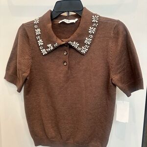 ASTR Brown Floral Embellished Collar Shirt